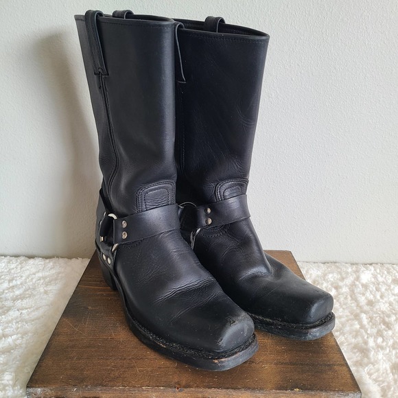 Frye Shoes - Frye Black Leather Harness Buckle Heeled Calf Boots Women's Size 9.5